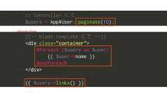 // Controller にて$users = App¥User::paginate(15);{{-- blade template にて --}}<div class="container">@foreach ($users as $user){{ $user->name }}@endforeach</div>{{ $users->links() }} 