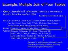 13• Query: Assemble all information necessary to create aninvoice for order number 1006.SELECT Customer_T.Customer_ID, Customer_Name, Customer_Address,City, State, Postal_Code, Order_T.Order_ID, Order_Date, Quantity,Product_Name, Unit_Price, (Quantity * Unit_Prrice)FROM Customer_T, Order_T, Order_Line_T, Product_TWHERE Customer_T.Customer_ID = Order_T.Customer_IDAND Order_T.Order_ID = Order_Line_T.Order_IDAND Order_Line_T.Product_ID = Product_T.Product_IDAND Order_T.Order_ID = 1006;Four tables involved in this joinExample: Multiple Join of Four TablesEach pair of tables requires an equality-checkcondition in the WHERE clause, matchingprimary keys against foreign keys 