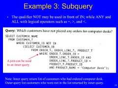 19Example 3: Subquery• The qualifier NOT may be used in front of IN; while ANY andALL with logical operators such as =, >, and <.A join can be usedin an inner queryNote: Inner query return list of customers who had ordered computer desk.Outer query list customers who were not in the list returned by inner query. 