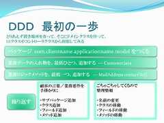ＤＤＤ 最初の一歩とりあえず置き場所を作って、そこにドメインクラスを作って、UIクラスやコントローラクラスから利用してみるパッケージ com.clientname.applicationname.model をつくる業務データの入れ物を、最低ひとつ、追加する --- Customer.java業務ロジックメソッドを、最低一つ、追加する --- MailAddress contactTo()           顧客の言葉／業務要件を         ごちゃごちゃしてくるので           手掛かりに               整理整頓 繰り返す      ・サブパッケージ追加          ・名前の変更           ・クラス追加              ・クラスの移動           ・フィールド追加            ・フィールドの移動           ・メソッド追加             ・メソッドの移動 