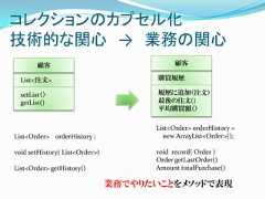 コレクションのカプセル化技術的な関心 → 業務の関心       顧客                                   顧客  List<注文>                             購買履歴  setList（）                            履歴に追加（注文）  getList()                            最後の注文()                                       平均購買額（）                                      List<Order> orderHistory =List<Order> orderHistory ;              new ArrayList<Order>();void setHistory( List<Order>)         void record( Order )                                      Order getLastOrder()List<Order> getHistory()              Amount totalPurchase()                                業務でやりたいことをメソッドで表現 