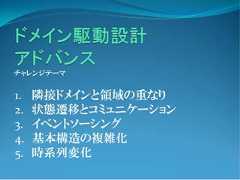 チャレンジテーマ1.   隣接ドメインと領域の重なり2.   状態遷移とコミュニケーション3.   イベントソーシング4.   基本構造の複雑化5.   時系列変化 