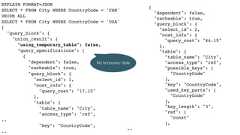 EXPLAIN FORMAT=JSONSELECT * FROM City WHERE CountryCode = 'CAN'UNION ALLSELECT * FROM City WHERE CountryCode = 'USA'{"query_block": {"union_result": {"using_temporary_table": false,"query_specifications": [{"dependent": false,"cacheable": true,"query_block": {"select_id": 1,"cost_info": {"query_cost": "17.15"},"table": {"table_name": "City","access_type": "ref",.."key": "CountryCode",..{"dependent": false,"cacheable": true,"query_block": {"select_id": 2,"cost_info": {"query_cost": "46.15"},"table": {"table_name": "City","access_type": "ref","possible_keys": ["CountryCode"],"key": "CountryCode","used_key_parts": ["CountryCode"],"key_length": "3","ref": ["const"],..No temporary table 