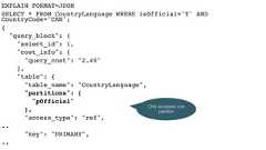 EXPLAIN FORMAT=JSONSELECT * FROM CountryLanguage WHERE isOfficial='T' ANDCountryCode='CAN';{"query_block": {"select_id": 1,"cost_info": {"query_cost": "2.40"},"table": {"table_name": "CountryLanguage","partitions": ["pOfficial"],"access_type": "ref",.."key": "PRIMARY",..Only accesses onepartition 