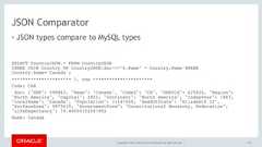 Copyright © 2017, Oracle and/or its affiliates. All rights reserved. |JSON Comparator• JSON types compare to MySQL types170SELECT CountryJSON.* FROM CountryJSON  INNER JOIN Country ON CountryJSON.doc->>"$.Name" = Country.Name WHERECountry.Name=‘Canada';********************** 1. row **********************Code: CANdoc: {"GNP": 598862, "Name": "Canada", "Code2": "CA", "GNPOld": 625626, "Region":"North America", "Capital": 1822, "Continent": "North America", "IndepYear": 1867,"LocalName": "Canada", "Population": 31147000, "HeadOfState": "Elisabeth II","SurfaceArea": 9970610, "GovernmentForm": "Constitutional Monarchy, Federation","LifeExpectancy": 79.4000015258789}Name: Canada 