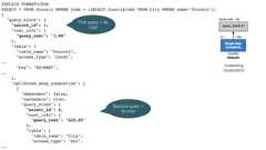 EXPLAIN FORMAT=JSONSELECT * FROM Country WHERE Code = (SELECT CountryCode FROM City WHERE name=‘Toronto’);{"query_block": {"select_id": 1,"cost_info": {"query_cost": "1.00"},"table": {"table_name": "Country","access_type": "const",.."key": "PRIMARY",..},"optimized_away_subqueries": [{"dependent": false,"cacheable": true,"query_block": {"select_id": 2,"cost_info": {"query_cost": "425.05"},"table": {"table_name": "City","access_type": "ALL",..(misleadingvisualization)First query + itscostSecond query +its cost 