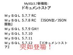 MySQL5.7新機能：ドキュメントストアＭｙＳＱＬ 5.7.7 RCＭｙＳＱＬ 5.7.8 RC 『JSON型／JSON関数』ＭｙＳＱＬ 5.7.9 GA!!ＭｙＳＱＬ 5.7.10ＭｙＳＱＬ 5.7.11ＭｙＳＱＬ 5.7.12 『ドキュメントストア』 突如登場！ 