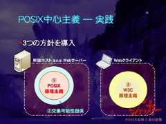 POSIX中心主義 ― 実践3つの方針を導入18①POSIX原理主義②交換可能性担保③W3C原理主義単独ホスト または Webサーバー Webクライアント 