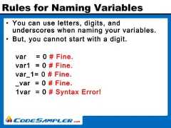 Rules for Naming Variables• You can use letters, digits, andunderscores when naming your variables.• But, you cannot start with a digit.var = 0 # Fine.var1 = 0 # Fine.var_1= 0 # Fine._var = 0 # Fine.1var = 0 # Syntax Error! 