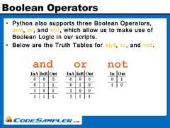 Boolean Operators• Python also supports three Boolean Operators,and, or, and not, which allow us to make use ofBoolean Logic in our scripts.• Below are the Truth Tables for and, or, and not. 