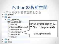 Pythonの名前空間 • フォルダが名前空間となる GPS名前空間内にある、 モジュールephemeris gps.ephemeris 21  