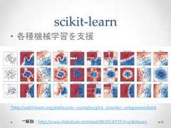 scikit-learn • 各種機械学習を支援 45 *http://scikit-learn.org/stable/auto_examples/plot_classifier_comparison.html **解説：http://www.slideshare.net/moa108/20130715-lt-scikitlearn  
