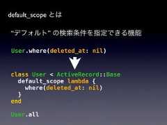 default_scope とは“デフォルト” の検索条件を指定できる機能User.where(deleted_at: nil)class User < ActiveRecord::Basedefault_scope lambda {where(deleted_at: nil)}endUser.all 