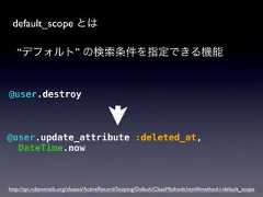 default_scope とは“デフォルト” の検索条件を指定できる機能@user.destroy@user.update_attribute :deleted_at,DateTime.nowhttp://api.rubyonrails.org/classes/ActiveRecord/Scoping/Default/ClassMethods.html#method-i-default_scope 