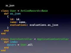 as_jsonclass User < AvtiveRecord::Basedef as_json{id: id,name: name,evaluations: evaluations.as_json}endendclass UsersController < ApplicationControllerdef index@users = User.allendend 