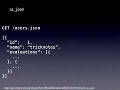 as_jsonGET /users.json[{}]“id”:1,“name”: “tricknotes”,“evaluations”: [{...}, {...}]http://api.rubyonrails.org/classes/ActiveModel/Serializers/JSON.html#method-i-as_json 