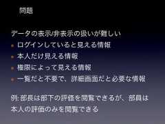 問題データの表示/非表示の扱いが難しい*ログインしていると見える情報*本人だけ見える情報*権限によって見える情報*一覧だと不要で、詳細画面だと必要な情報例: 部長は部下の評価を閲覧できるが、部員は本人の評価のみを閲覧できる 