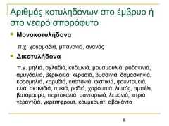 8Αριθμός κοτυληδόνων στο έμβρυο ήστο νεαρό σπορόφυτο Μονοκοτυλήδοναπ.χ. χουρμαδιά, μπανανιά, ανανάς Δικοτυλήδοναπ.χ. μηλιά, αχλαδιά, κυδωνιά, μουσμουλιά, ροδακινιά,αμυγδαλιά, βερικοκιά, κερασιά, βυσσινιά, δαμασκηνιά,κορομηλιά, καρυδιά, καστανιά, φιστικιά, φουντουκιά,ελιά, ακτινιδιά, συκιά, ροδιά, χαρουπιά, λωτός, αμπέλι,βατόμουρο, πορτοκαλιά, μανταρινιά, λεμονιά, κιτριά,νεραντζιά, γκρέιπφρουτ, κουμκουάτ, αβοκάντο 
