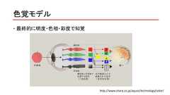 色覚モデル 最終的に明度・色相・彩度で知覚http://www.sharp.co.jp/aquos/technology/color/ 