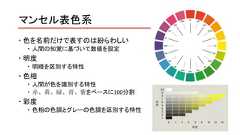マンセル表色系 色を名前だけで表すのは紛らわしい 人間の知覚に基づいて数値を設定 明度 明暗を区別する特性 色相 人間が色を識別する特性 赤、黄、緑、青、紫をベースに100分割 彩度 色相の色調とグレーの色調を区別する特性 