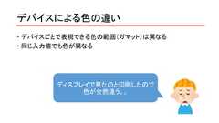 デバイスによる色の違い デバイスごとで表現できる色の範囲（ガマット）は異なる 同じ入力値でも色が異なるディスプレイで見たのと印刷したので色が全然違う。。 
