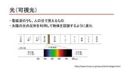 光（可視光） 電磁波のうち、人の目で見えるもの 太陽の光の反射を利用して物体を認識するように進化http://www.sharp.co.jp/aquos/technology/color/ 