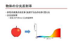 物体の分光反射率 赤色の波長の光を多く反射するものは赤く見える 分光反射率 分光（スペクトル）ごとの反射率 