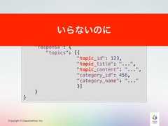 Copyright © Classmethod, Inc.{"header": {"status": "success","message": "..."},"response": {"topics": [{"topic_id": 123,"topic_title": "...","topic_content": "...","category_id": 456,"category_name": "..."}]}}いらないのに 