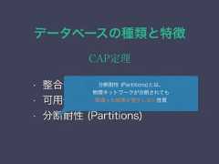 データベースの種類と特徴CAP定理• 整合性 (Consistency)• 可用性 (Availability)• 分断耐性 (Partitions)分断耐性 (Partitions)とは、物理ネットワークが分断されても間違った結果が発生しない性質 