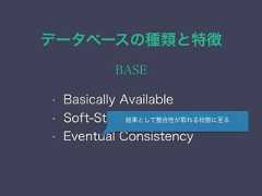 データベースの種類と特徴BASE• Basically Available• Soft-State• Eventual Consistency結果として整合性が取れる状態に至る 
