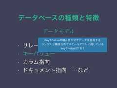 データベースの種類と特徴データモデル• リレーショナル• キーバリュー• カラム指向• ドキュメント指向 …などKeyとValueの組み合わせでデータを表現するシンプルな構造なのでスケールアウトに適しているkeyとvalueが1対1 