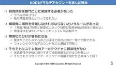 Copyright © 2018 KDDI Corporation. All Rights Reserved 5❍ 経費精算を部門ごとに実施する必要があった ラベル地獄コワイ 毎月精算処理とかやってられない❍ 環境毎に場所を分離しなければならないというルールがあった 「開発/検証/商用は物理的にラック/架列/電源系統/局舎を分離せよ」 物理環境をVPCじゃなくアカウントに読み替えた❍ 障害切り分けが容易になる 障害がどのシステムのどの環境で起きたのか一発で把握できる フォレンジクスもアカウント丸ごと凍結で可能に❍ そもそもシステム毎のアーキテクチャに類似性がない 実装要件が多岐に渡りすぎて機能制限をかけるのが難しい そもそもクラウドでアーキテクチャ制限を効かせる意味って何？KDDIがマルチアカウントを選んだ理由 