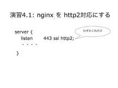演習4.1: nginx を http2対応にするserver {listen 443 ssl http2;・・・・}わずかこれだけ 