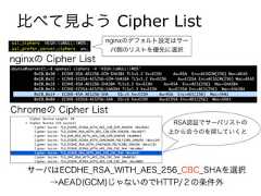 比べて見よう Cipher Listnginxのデフォルト設定はサーバ側のリストを優先に選択Chromeの Cipher Listnginxの Cipher ListサーバはECDHE_RSA_WITH_AES_256_CBC_SHAを選択→AEAD(GCM)じゃないのでHTTP/２の条件外RSA認証でサーバリストの上から合うのを探していくと 