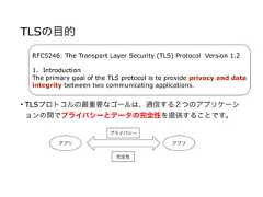 TLSの目的• TLSプロトコルの最重要なゴールは、通信する２つのアプリケーションの間でプライバシーとデータの完全性を提供することです。RFC5246: The Transport Layer Security (TLS) Protocol Version 1.21. IntroductionThe primary goal of the TLS protocol is to provide privacy and dataintegrity between two communicating applications.アプリ アプリ完全性プライバシー 