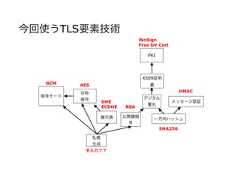 今回使うTLS要素技術GCM AESDHEECDHE RSASHA256HMACX509証明書PKI対称暗号暗号モード公開 暗号デジタル署名メッセージ認証乱数生成交換 一方向ハッシュWoSignFree DV Cert手入力？？ 