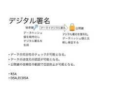デジタル署名• データの完全性のチェックが可能となる。• データの送信元の認証が可能となる。• 公開 の信頼性の範囲で否認防止が可能となる。• RSA• DSA,ECDSA公開秘密 データ＋デジタル署名データハッシュ値を暗号化しデジタル署名を生成デジタル署名を復号化。データハッシュ値と比較し検証する 