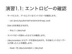 演習1.1: エントロピーの確認• サーバに入り、プールしているエントロピーを確認します。• cat /proc/sys/kernel/random/entropy_avail• Disk I/Oを発生させます。• ﬁnd / > /dev/null• エントロピーが変わったかどうか確認します。• /dev/urandom からデータを読み込みます。その後エントロピープールが減ったことを確認します。• head -10 /dev/urandom > /dev/null 