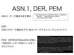 ASN.1, DER, PEMPEM: DER形式をBase64に変換してBEGINヘッダ∼ENDフッタをつけたテキストASN.1: データ構造を表す書式DER:ASN.1のデータ構造をタグ+長さ+データでエンコードしたバイナリ 