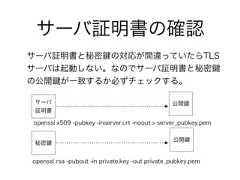 サーバ証明書の確認サーバ証明書と秘密 の対応が間違っていたらTLSサーバは起動しない。なのでサーバ証明書と秘密の公開 が一致するか必ずチェックする。サーバ証明書秘密openssl x509 -pubkey -inserver.crt -noout > server_pubkey.pemopenssl rsa -pubout -in private.key -out private_pubkey.pem公開公開 
