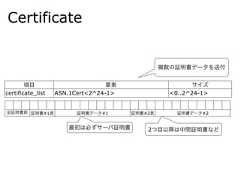 Certificate項目 要素 サイズcertificate_list ASN.1Cert<2^24-1> <0..2^24-1>全証明書長 証明書#1長 証明書データ#1 証明書#2長 証明書データ#2複数の証明書データを送付最初は必ずサーバ証明書 2つ目以降は中間証明書など 