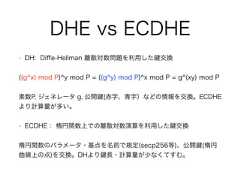 DHE vs ECDHE• DH: Diﬀe-Hellman 離散対数問題を利用した 交換((g^x) mod P)^y mod P = ((g^y) mod P)^x mod P = g^(xy) mod P素数P, ジェネレータ g, 公開 (赤字、青字）などの情報を交換。ECDHEより計算量が多い。• ECDHE： 楕円関数上での離散対数演算を利用した 交換楕円関数のパラメータ・基点を名前で規定(secp256等)、公開 (楕円曲線上の点)を交換。DHより 長・計算量が少なくてすむ。 