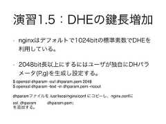 演習1.5：DHEの 長増加• nginxはデフォルトで1024bitの標準素数でDHEを利用している。• 2048bit長以上にするにはユーザが独自にDHパラメータ(P,g)を生成し設定する。$ openssl dhparam -out dhparam.pem 2048$ openssl dhparam -text -in dhparam.pem -nooutdhparamファイルを /usr/local/nginx/conf にコピーし、nginx.confにssl_dhparam dhparam.pem;を追加する。 