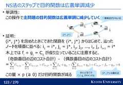 123 / 270 KYOTO UNIVERSITYNS法のステップで目的関数は広義単調減少単調性:この操作で主問題の目的関数は広義単調に減少していく証明:(i*, j*) を含めたときにできた閉路を (i*, j*) からはじめて、辿ったノードを順番に並べる: i1= i*, j1= j*, i2, j2, ..., il, jl, il+1= i*木上では fi+ gj= Cijが成り立っていることに注意すると、（奇数番目の辺のコスト合計）- （偶数番目の辺のコスト合計）=この量 × p (≧ 0) だけ目的関数が減るほとんど全てのfiと gj　がキャンセル(i*, j*) は違反辺p一番輸送が少ない辺(i*, j*)i1i2i3j1j2j3 