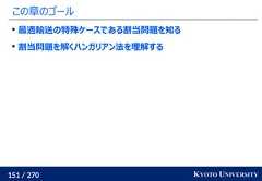 151 / 270 KYOTO UNIVERSITYこの章のゴール最適輸送の特殊ケースである割当問題を知る割当問題を解くハンガリアン法を理解する 