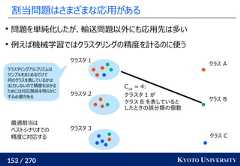 153 / 270 KYOTO UNIVERSITY割当問題はさまざまな応用がある問題を単純化したが、輸送問題以外にも応用先は多い例えば機械学習ではクラスタリングの精度を計るのに使うクラスタ 1クラスタ 2クラスタ 3クラス Aクラス Bクラス CC1B= 4:クラスタ 1 がクラス B を表しているとしたときの誤分類の個数クラスタリングアルゴリズムはサンプルをまとめるだけで何のクラスを表しているかは出力しないので精度をはかるためには対応関係を明らかにする必要がある最適割当はベストシナリオでの精度に対応する 