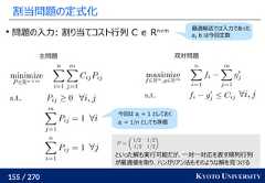 155 / 270 KYOTO UNIVERSITY割当問題の定式化主問題 双対問題今回は ai= 1 としておくai= 1/n としても等価といった解も実行可能だが、一対一対応を表す順列行列が最適値を取り、ハンガリアン法もそのような解を見つける問題の入力: 割り当てコスト行列 C ∈ Rn×m 最適輸送では入力であったa, b は今回定数 