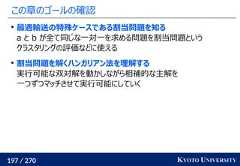 197 / 270 KYOTO UNIVERSITYこの章のゴールの確認最適輸送の特殊ケースである割当問題を知るa と b が全て同じな一対一を求める問題を割当問題というクラスタリングの評価などに使える割当問題を解くハンガリアン法を理解する実行可能な双対解を動かしながら相補的な主解を一つずつマッチさせて実行可能にしていく 