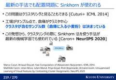 219 / 270 KYOTO UNIVERSITY最新の手法でも配置問題に Sinkhorn が使われるこの問題はクラスタリングと見ることもできる [Cuturi+ ICML 2014]工場がサンプル点で、倉庫がクラスタ中心クラスタが含むサンプル数（倉庫に入る小麦粉）は決まっているこの発想から、クラスタリングの際に Sinkhorn 法を使う手法が最新の機械学習でも使われている [Caron+ NeurIPS 2020]Marco Cuturi, Arnaud Doucet. Fast Computation of Wasserstein Barycenters. ICML 2014.Mathilde Caron, Ishan Misra, Julien Mairal, Priya Goyal, Piotr Bojanowski, Armand Joulin. UnsupervisedLearning of Visual Features by Contrasting Cluster Assignments. NeurIPS 2020.クラスタ中心 