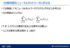 237 / 270 KYOTO UNIVERSITY分類問題をニューラルネットワークに任せる「分類器」 f をニューラルネットワークでモデリングすることを考えるロス関数はシンプルにf が 1-リプシッツ連続であることを課すのは難しいここでは素朴な解決策を 2 つ紹介 